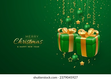 Christmas banner with 3D gift boxes with golden bows, hanging gold metallic stars and balls on green background. Merry christmas greeting card. Holiday Xmas and New Year poster. Vector Illustration.