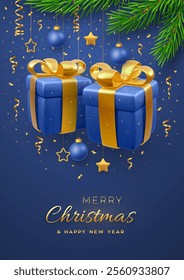 Christmas banner with 3D gift boxes with golden bows. Fir branches, gold metallic stars, balls on blue background. Merry christmas greeting card. Holiday Xmas and New Year poster. Vector Illustration.