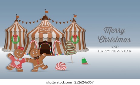 Anuncio de Navidad con galletas de jengibre 3D y caramelos. fondo de feliz Navidad con circo de jengibre