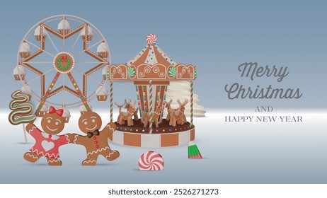 Anuncio de Navidad con galletas de jengibre 3D y caramelos. fondo de Navidad con parque de atracciones de jengibre