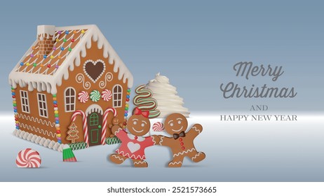 christmas banner with 3d gingerbread house and sweets. christmas greeting card with 3d gingerbread cookies and candies