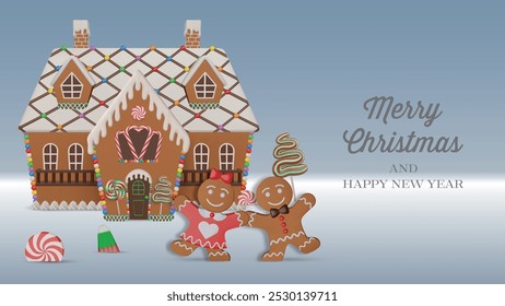 christmas banner with 3d gingerbread house and sweets. christmas greeting card with 3d gingerbread cookies and candies