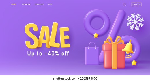 Christmas banner with 3d render composition of gift box with mono chrome shopping bag and big percent sign with jungle bell and snowflakes, big 3d sale letters