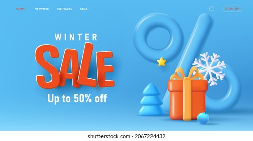 Christmas banner with 3d render composition of gift box with mono chrome shopping bag and big percent sign and snowflakes, big 3d red sale letters