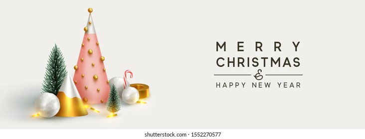 Christmas banner 3D render illustrations. Composition metallic pine, green spruce trees. round spheres of snowballs. New Year cone shape trees. Horizontal Xmas poster, greeting cards, header, website.