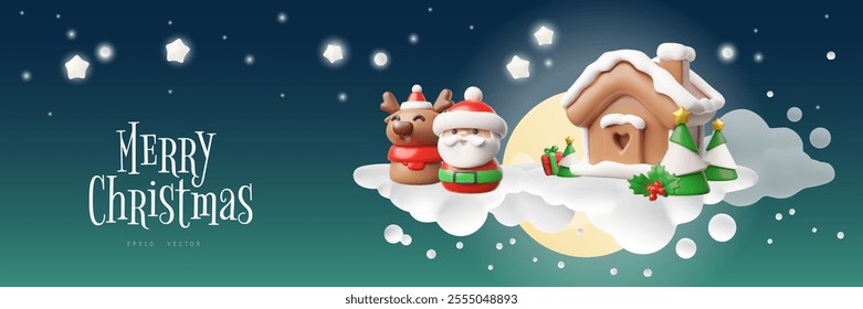 Christmas banner with 3D Santa Claus, reindeer, gingerbread house, fir tree against snow clouds, moon and shining stars. Vector illustration. Plastic style. Advertising poster with space for text.