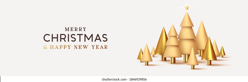 Christmas banner. Abstract design metallic 3d conical Christmas trees, pine gold and beige colors. Horizontal header for the site. Xmas objects. vector illustration