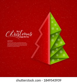 Christmas banner with abstract green tree and paper cut cover on red background. Christmas and new year greeting card design.  