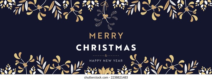 Christmas banner ad frame template decorated with mistletoe made of snowflakes and many plants (blue)