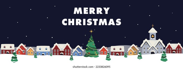 Christmas banner ad template of glowing Christmas tree and winter cityscape in falling snow (blue)