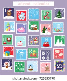 Christmas banner: advent holiday calendar. Santa Claus, snowman, reindeer, gift box, gingerbread man, candy, socks, christmas tree, bear, ball, cat, sledge. Cartoon style. Doodles. Vector illustration