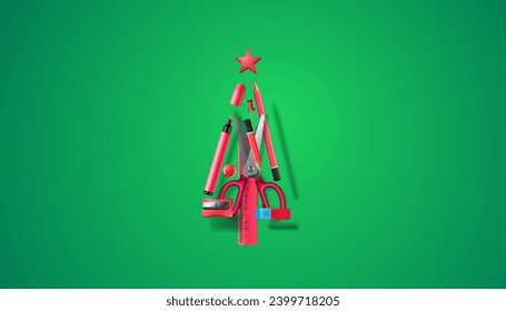 Christmas banner with art pencils and office stationery in Christmas pine tree shape. School fair template. Vector illustration