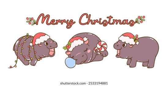 Banner de Natal Baby Pygmy Hippo Mão desenhado Caracteres de Desenho Animado com conjunto de Chapéu Santa