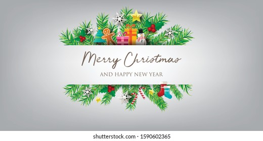 Christmas banner with Background and christmas decorates. Text Merry Christmas and happy New Year.