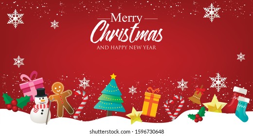 Christmas banner with Background and christmas decorates. Text Merry Christmas and happy New Year.