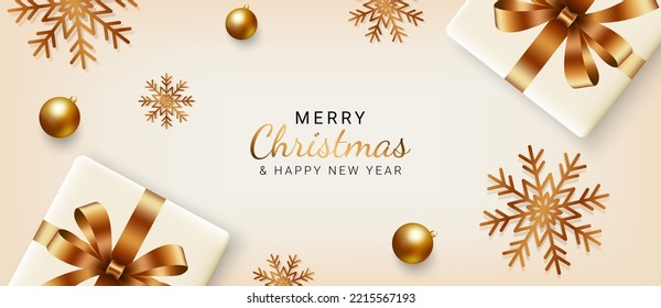 Weihnachtsbanner. Weihnachtshintergrund mit Geschenkbox, Schneeflocken und goldenen Bälle. Weihnachtsgrußkarten, Einladungen, Header. Vektorgrafik