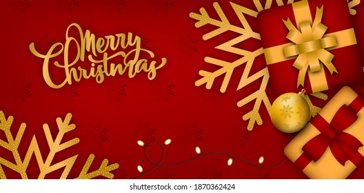 Christmas banner Christmas background design with the red gold gift box and golden Christmas balls and snowflakes Red Christmas poster horizontal red greeting card website header