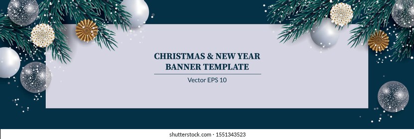 Christmas banner. Background  design of sparkling lights, realistic decor and glitter confetti. Horizontal christmas poster, headers website..etc.