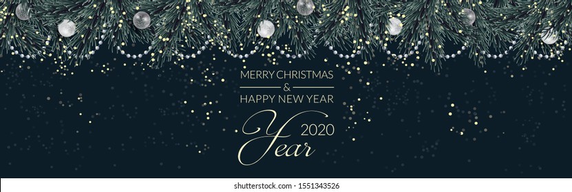 Christmas banner. Background  design of sparkling lights, realistic decor and glitter confetti. Horizontal christmas poster, headers website..etc.