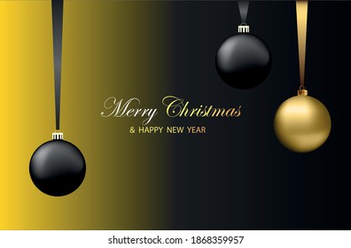 Christmas banner. Background Christmas design of sparkling realistic balls, black shiny gold. Christmas poster, greeting cards, headers, website. Stylish New Year pattern