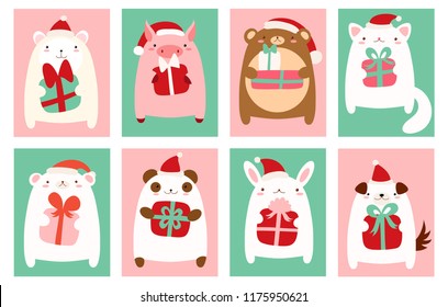 Christmas banner, background, flyer, placard with cute animals. Holiday poster for scrapbooking. Vector template card for greeting, decoration, congratulation, invitation. EPS8