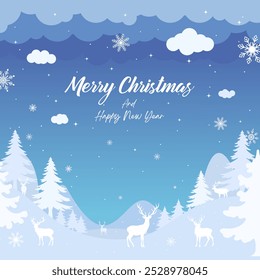 Christmas banner or background. Illustration Winter landscape with deer and fir trees in the snow, night sky with stars, snowfall. With text Merry Christmas and Happy New Year. Blue background.