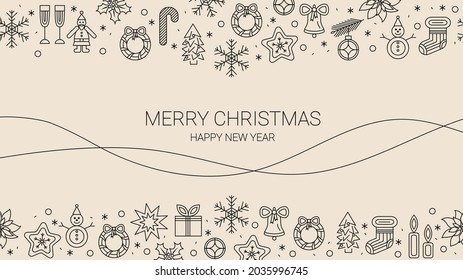 Christmas banner background with linear icons. Dark contour on beige background. Vector.