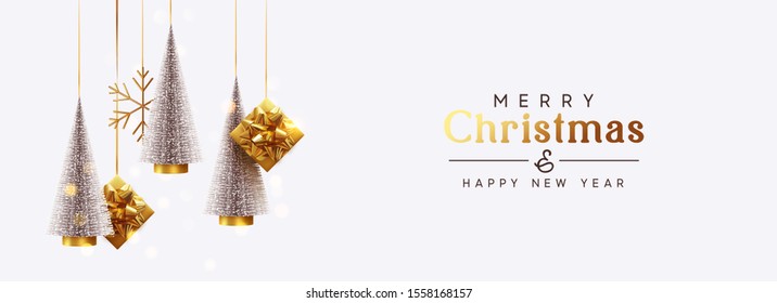 Christmas banner Background realistic festive gifts box. Christmas lush tree silver color. Xmas present. Horizontal New Year poster, greeting card, header for website. Gold and white decor ornaments