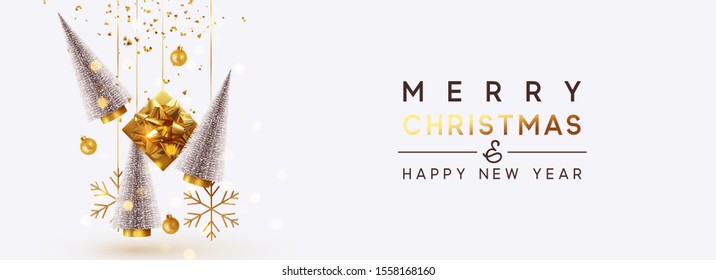 Christmas banner Background realistic festive gifts box. Christmas lush tree silver color. Xmas present. Horizontal New Year poster, greeting card, header for website. Gold and white decor ornaments