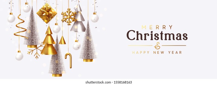 Christmas banner Background realistic festive gifts box. Christmas lush tree silver color. Xmas present. Horizontal New Year poster, greeting card, header for website. Gold and white decor ornaments