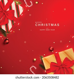 Christmas banner background with realistic gifts box ribbon.