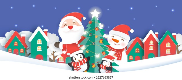 Christmas banner, background with a Santa Clause and friends in the snow village paper cut and craft style. 