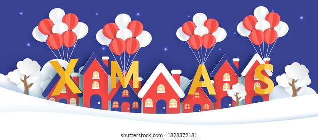 Christmas banner, background with the snow village paper cut and craft style. 