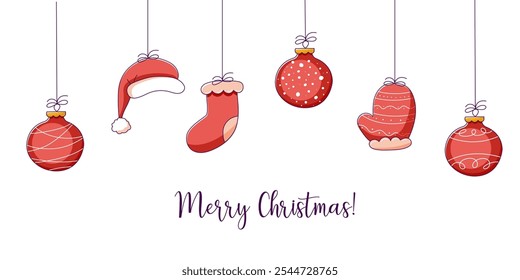 Banner ou fundo de Natal com espaço para texto e brinquedos de doodle de árvore de Natal, decorações de bugigangas