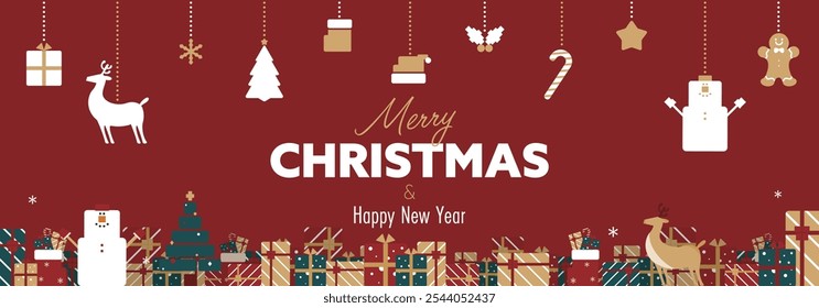 Christmas banner background template decorated with Christmas ornaments and gift boxes (red)