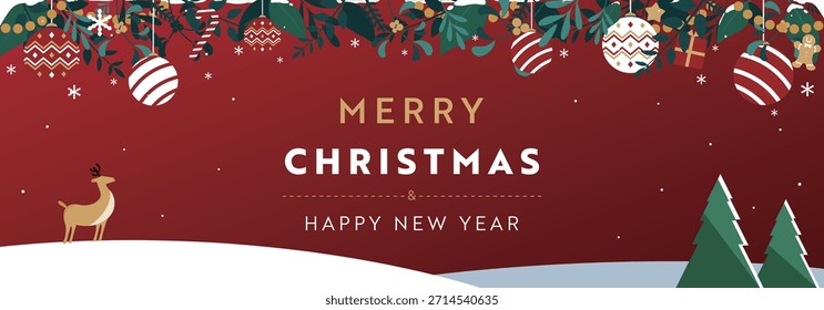 Christmas banner background template decorated with Christmas ornaments and reindeer (red)