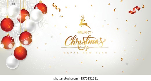 Christmas banner. Background Xmas ball viewed from above. Text Merry Christmas and happy New Year