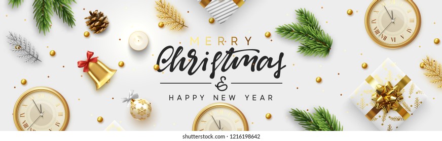 Christmas banner. Background Xmas decor objects viewed from above. Text Merry Christmas and happy New Year. Horizontal banner, web poster, header for website. Vector illustration