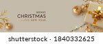 Christmas banner. Background Xmas design of realistic beige gifts box, golden 3d render snowflake and glitter gold confetti, bauble ball. Horizontal christmas poster, greeting card, header for website