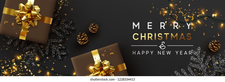 Christmas banner. Background Xmas design of sparkling lights garland, with realistic gifts box, black snowflake and glitter gold confetti. Horizontal christmas poster, greeting cards, headers, website