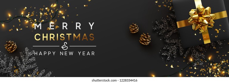 Christmas banner. Background Xmas design of sparkling lights garland, with realistic gifts box, black snowflake and glitter gold confetti. Horizontal christmas poster, greeting cards, headers, website