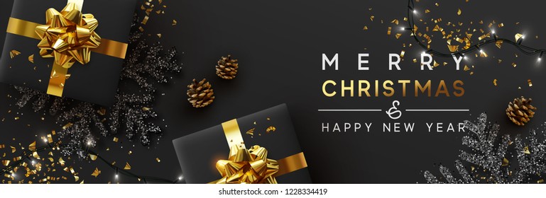 Christmas banner. Background Xmas design of sparkling lights garland, with realistic gifts box, black snowflake and glitter gold confetti. Horizontal christmas poster, greeting cards, headers, website