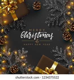 Christmas banner. Background Xmas design of sparkling lights garland, realistic gifts box, black snowflake and glitter gold. Christmas poster, greeting cards, headers, website. Stylish black pattern