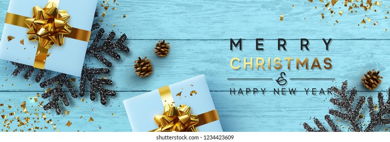 Christmas banner. Background Xmas design blue wooden texture, with realistic gifts box, black snowflake and glitter gold confetti. Horizontal christmas poster, greeting cards, headers, website