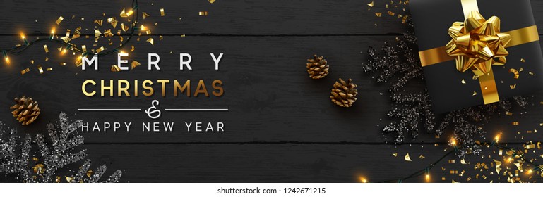 Christmas banner. Background Xmas design of sparkling lights garland, with realistic gifts box, black snowflake and glitter gold confetti. Horizontal christmas poster, greeting cards, headers, website