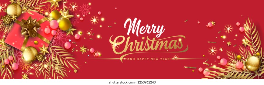 Christmas banner. Background Xmas design of sparkling lights garland, with realistic gifts box, black snowflake and glitter gold confetti. Horizontal christmas poster, greeting cards, headers, website