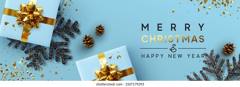 Christmas banner. Background Xmas design of sparkling lights garland, with realistic gifts box, black snowflake and glitter gold confetti. Horizontal christmas poster, greeting cards, headers, website