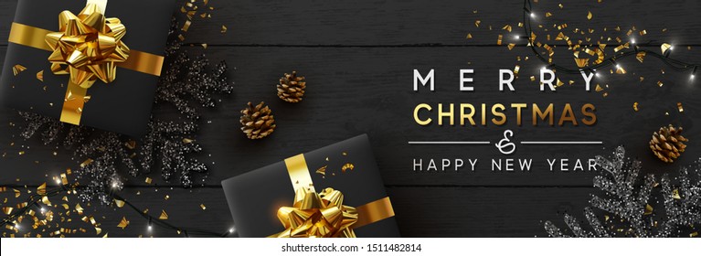 Christmas banner. Background Xmas design of sparkling lights garland, with realistic gifts box, black snowflake and glitter gold confetti. Horizontal christmas poster, greeting cards, headers, website