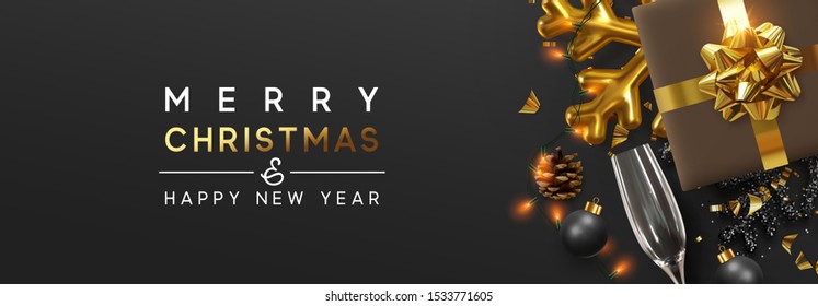 Christmas banner. Background Xmas design of sparkling lights garland, with realistic gifts box, black snowflake and glitter gold confetti. Horizontal poster, greeting card, header, website