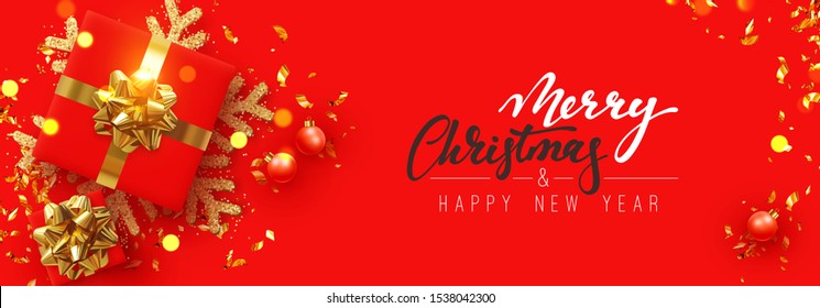 Christmas banner. Background Xmas design with realistic gifts box, golden snowflake and glitter gold confetti. Horizontal christmas poster, greeting cards, headers, website. Flat lay, Top view
